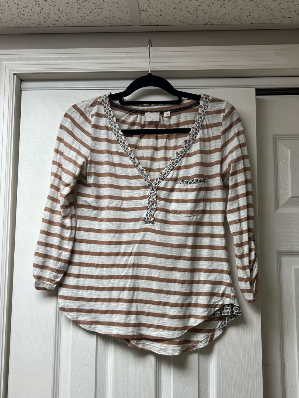 Anthropologie Striped V-Neck Long Sleeve Top in White and Light Brown
